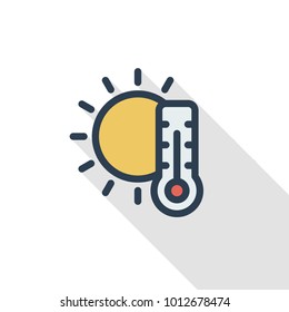 thermometer and sun, weather thin line flat color icon. Linear vector illustration. Pictogram isolated on white background. Colorful long shadow design.