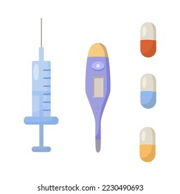 Thermometer, syringe and capsules or pills cartoon illustration. Cartoon drawing of veterinary tools pills, thermometer on white background. Profession, occupation, job, equipment, medicine concept