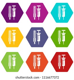 Thermometer syringe icons 9 set coloful isolated on white for web