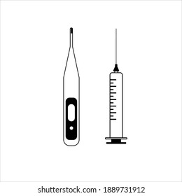 Thermometer and syringe outline vector icon on a white background. Flat vector simple element. Halthy and medical symbol line icon on white background. Medical concept.