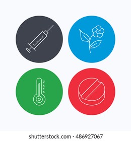 Thermometer, syringe and tablet icons.