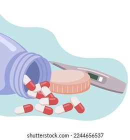 Thermometer and tablets. The concept of a cold, medical treatment. flat style