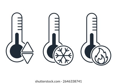 Thermometer with temperature adjustment icons.Vector linear illustration isolated on white background.