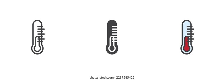 Thermometer temperature different style icon set. Line, glyph and filled outline colorful version, outline and filled vector sign. Symbol, logo illustration. Vector graphics