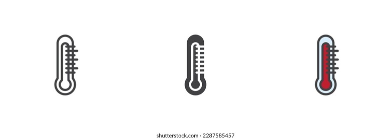 Thermometer temperature different style icon set. Line, glyph and filled outline colorful version, outline and filled vector sign. Symbol, logo illustration. Vector graphics