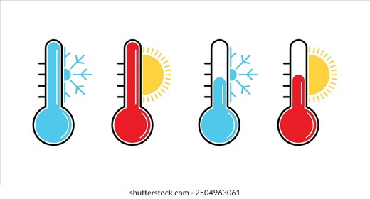 Icono de temperatura del termómetro Conjunto Vector Sol Copo de nieve Caliente Frío Verano Temporada Invierno Escala de Clima