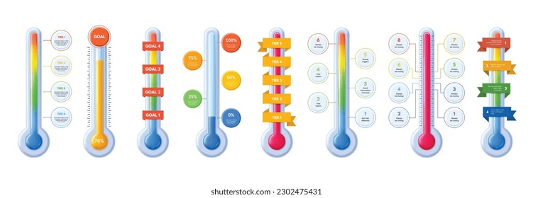 Thermometer temperature infographic templates. Hot and cold sales, fundraising tiers meter and goal tracking success scale vector illustration set. Indicators of aim achievement, progress