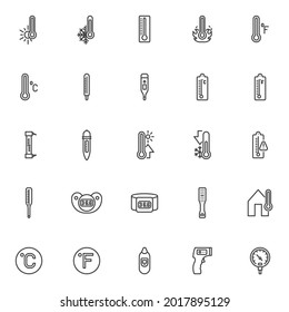 Thermometer temperature line icons set. linear style symbols collection, outline signs pack. Digital thermometer degree vector graphics. Set includes icons as celsius, fahrenheit, outdoor temperature