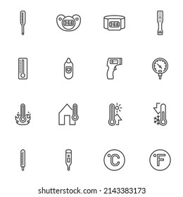Thermometer temperature line icons set, outline vector symbol collection, linear style pictogram pack. Signs, logo illustration. Set includes icons as digital medical thermometer, celsius, fahrenheit