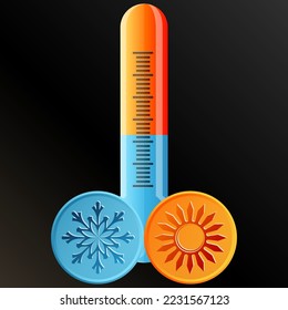 Thermometer temperature regulation symbol. The sun is heating and the snowflake is cooling. Air conditioning in the house