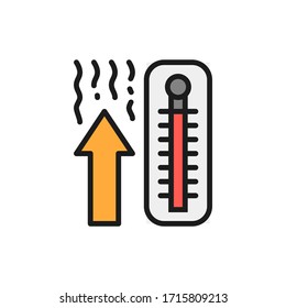 Thermometer, temperature rise flat color line icon.