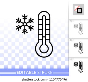 Thermometer thin line icon. Outline sign of snowflake. Temperature linear pictogram with different stroke width. Simple vector symbol, transparent background. Weather editable stroke icon without fill