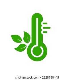 Herramienta termómetro en Celsius o Fahrenheit con el icono de silueta verde hoja. Pictograma de glifo de cuidado ecológico con instrumento de medición de temperatura. Icono del Grado de Control del Clima Biológico. Ilustración de vectores aislados.