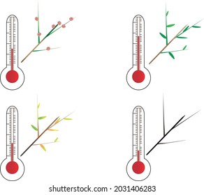 thermometer with a tree branch shows the temperature of the air four seasons winter spring summer and autumn