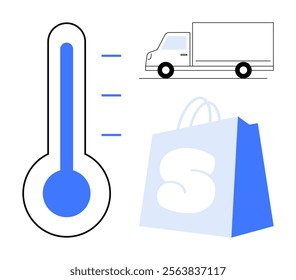 Thermometer, truck and shopping bag in light blue and black. Ideal for logistics, transport, temperature-sensitive delivery, cooling systems, and e-commerce. Modern, clean design