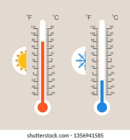 Thermometer, two realistic thermometers with a measurement scale in Celsius and Fahrenheit. Vector illustration, vector.