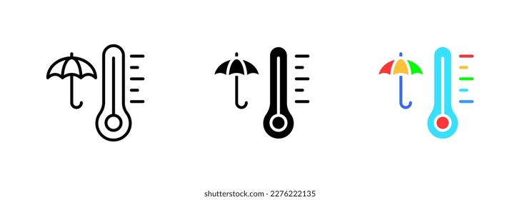 Thermometer with an umbrella icon, which may represent the relationship between temperature and weather conditions such as rain. Vector set of icons in line, black and colorful styles isolated.