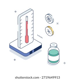 Thermometer and vaccine bottle representing temperature control and immunization, isometric illustration