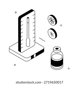 Thermometer and vaccine bottle representing temperature control and immunization, isometric illustration