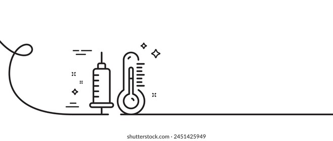 Thermometer with vaccine line icon. Continuous one line with curl. Temperature diagnostic sign. Fever measuring symbol. Thermometer single outline ribbon. Loop curve pattern. Vector