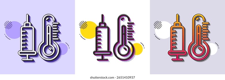 Thermometer with vaccine line icon. Halftone dotted pattern. Gradient icon with grain shadow. Temperature diagnostic sign. Fever measuring symbol. Line thermometer icon. Various designs. Vector