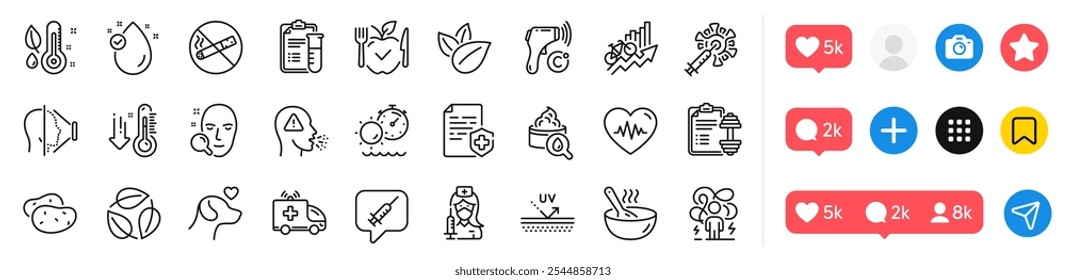 Thermometer, Vaccine message and Pets care line icons pack. Social media icons. Tanning time, Training results, Vaccination web icon. Vitamin e, Dumbbell, Cook pictogram. Vector