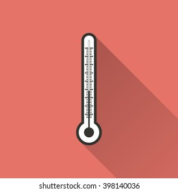 Thermometer   vector icon with long shadow. Illustration   isolated on red background for graphic and web design.  