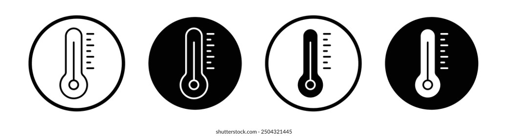 Conjunto de iconos de Vector de termómetro negro relleno y estilo delineado.
