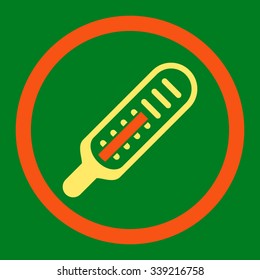 Thermometer vector icon. Style is bicolor flat rounded symbol, orange and yellow colors, rounded angles, green background.