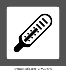 Thermometer vector icon. Style is flat rounded square button, black and white colors, gray background.