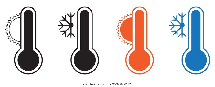 Thermometer vector icons set with sun and snowflake. Hot and cold temperature scale for weather or freezer. Vector