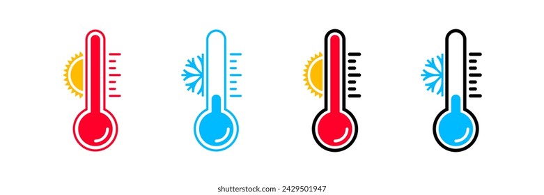 Thermometer vector icons with sun and snowflake. Hot and cold temperature scale for weather or freezer, isolated thermometer temperature symbols on transparent