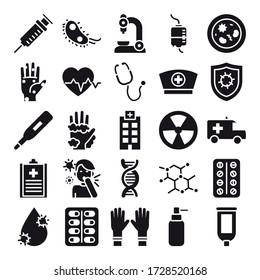 termómetro, ícono de virus y medicina sobre fondo blanco, estilo de silueta, ilustración vectorial
