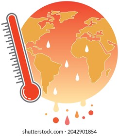 A thermometer and a warming illustration that imagines a sweaty earth