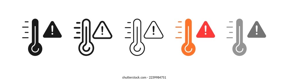 Thermometer with warning sign set icon. Climat control, danger, cold, heat, earth temperature, anomal temperature. Health care concept. Vector five icon in different style on white background