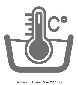 Thermometer with water basin solid icon, laundry service concept. Vector graphics. Celsius thermometer, manual washing sign on white background, glyph style icon for mobile or web design