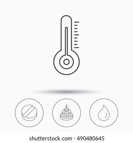 Thermometer, water drop and tablet icons.