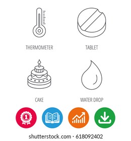 Thermometer, water drop and tablet icons. Birthday cake linear sign. Award medal, growth chart and opened book web icons. Download arrow. Vector