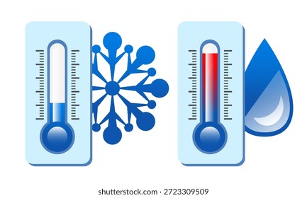 Termómetro. Predicción de Clima. Nevadas y lluvias, calentamiento y enfriamiento. Ilustración vectorial