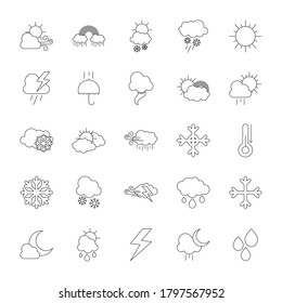 termómetro e icono meteorológico sobre fondo blanco, estilo de línea, ilustración vectorial