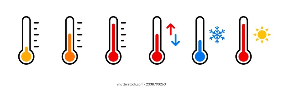Termómetro, icono del tiempo. Colección de iconos del termómetro de temperatura. Icono o signo del termómetro meteorológico. Vector de acciones