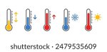 thermometer with yellow blue red scale, climate control, weather change, flat vector bicolor icon, weather icon. Temperature thermometer icon collection on white background. 