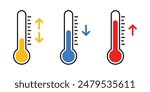 thermometer with yellow blue red scale, climate control, weather change, flat vector bicolor icon, weather icon. Temperature thermometer icon collection on white background. 