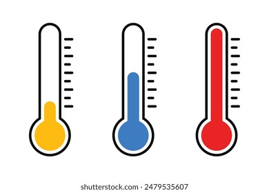 thermometer with yellow blue red scale, climate control, weather change, flat vector bicolor icon, weather icon. Temperature thermometer icon collection on white background. 