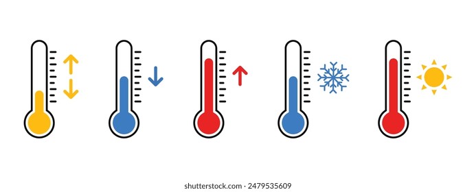 Thermometer mit gelbblauer roter Skala, Klimatisierung, Wetter-Wechsel, zweifarbige Vektorgrafik, Wetter-Ikone. Temperaturthermometer-Symbol-Kollektion auf weißem Hintergrund. 