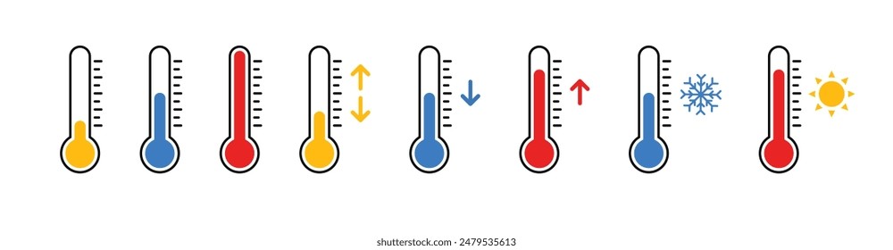 thermometer with yellow blue red scale, climate control, weather change, flat vector bicolor icon, weather icon. Temperature thermometer icon collection on white background. 