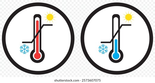 thermometer with yellow blue red scale, climate control, weather change, flat vector bicolor icon, weather icon. Temperature thermometer icon collection on transparent background. eps 10.