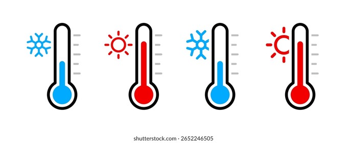 termômetro com escala vermelha azul amarela, controle do clima, mudança do tempo, vetor plano ícone bicolor, ícone do tempo. Coleção de ícones de termômetro de temperatura sobre fundo branco