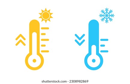 Termómetro con sol amarillo e icono vectorial de copo de nieve azul. El invierno y el verano. Calor o clima frío. Temperatura baja o alta.