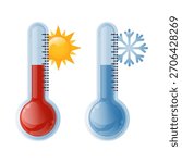 Thermometers 3D isolated on white background.Temperature icons. Low and hot temperature icons with snowflacke and sun.Element for websites, logo, weather forecast.Red thermometer.Vector illustration.